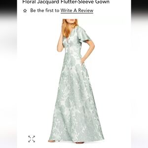 AIDAN MATTOX Floral Jacquard Flutter-Sleeve Gown - Celodon Misty Blue Green